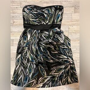 Trixxi Strapless Mini Dress Peacock Feather Print Pockets Zipper Back Size 5